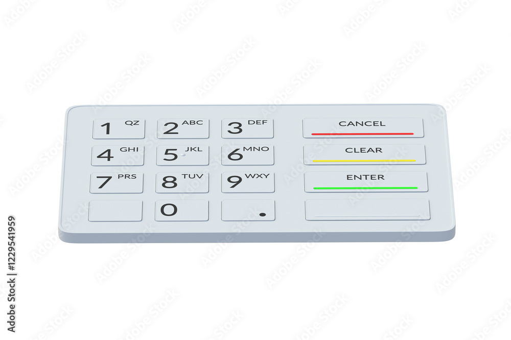One ATM keypad isolated on white background. Cash dispenser keyboard. Automated teller machine panel. 3d render