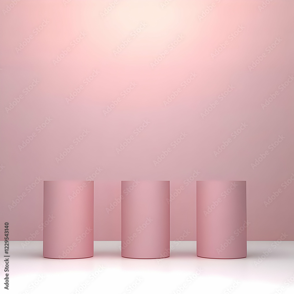 Three Pink Cylinders Stand on a White Surface Against a Pink Backdrop Three Pink Cylinders Stand on a White Surface Against a Pink Backdrop