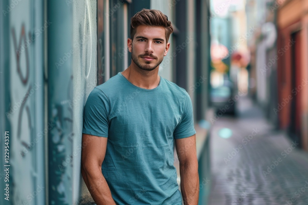 Handsome young man leaning against graffiti wall in urban setting Handsome young man leaning against graffiti wall in urban setting