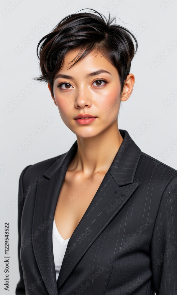 Confident Asian Woman in Black Pinstripe Blazer Short Hair Portrait Confident Asian Woman in Black Pinstripe Blazer Short Hair Portrait