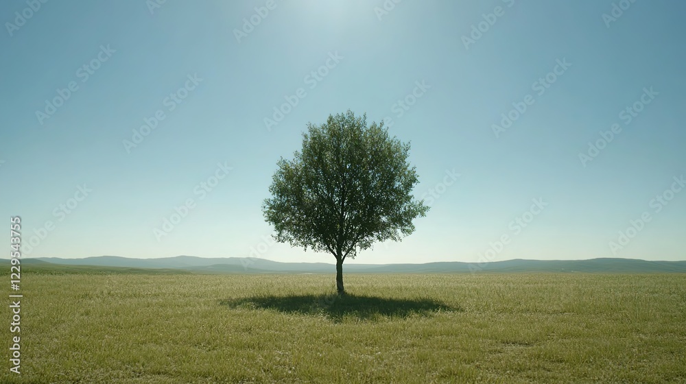 A single tree standing tall in the middle of an open field under a blue sky, with green grass and sunlight filtering through its leaves A single tree standing tall in the middle of an open field under a blue sky, with green grass and sunlight filtering through its leaves