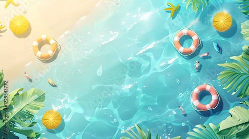 summer sea background tropical plants sand and rubber swim pool rings, copy space wallpaper decor poster design Vacation and relaxation