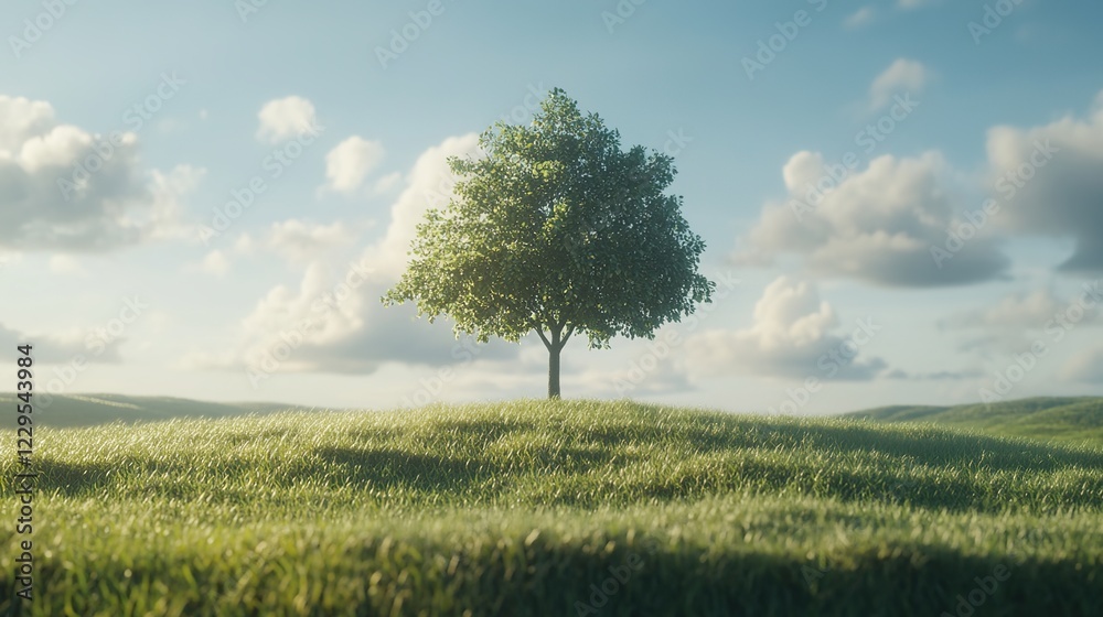 A single tree standing tall in the middle of an open field under a blue sky, with green grass and sunlight filtering through its leaves A single tree standing tall in the middle of an open field under a blue sky, with green grass and sunlight filtering through its leaves
