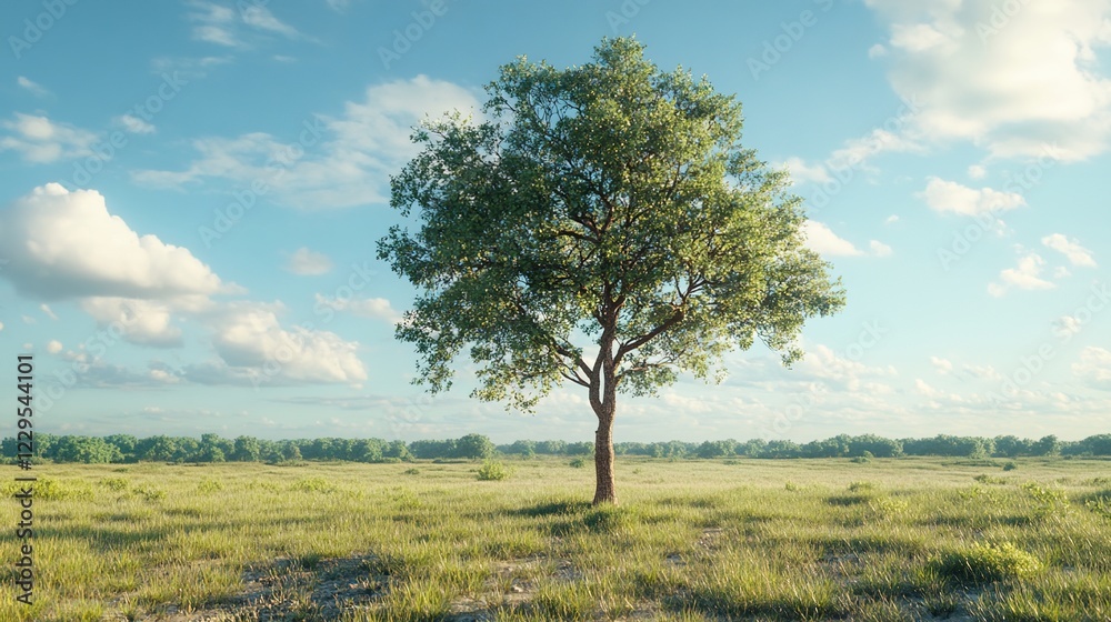 A single tree standing tall in the middle of an open field under a blue sky, with green grass and sunlight filtering through its leaves A single tree standing tall in the middle of an open field under a blue sky, with green grass and sunlight filtering through its leaves