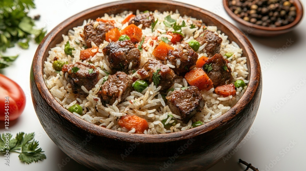 Meat and rice pilaf with vegetables in bowl on white table, spices nearby Meat and rice pilaf with vegetables in bowl on white table, spices nearby