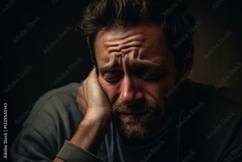 Fototapeta premium Sad adult man crying and holding his face with hand, suffering from grief and depression on black background