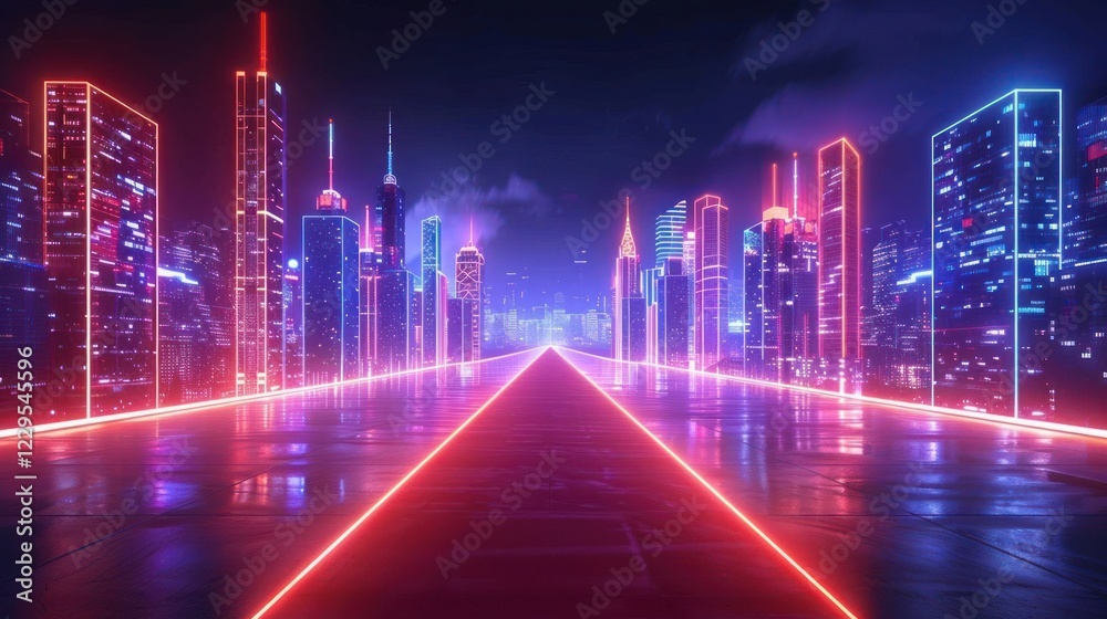 Fototapeta premium Futuristic cityscape at night with neon lights illuminating a straight pathway leading to skyscrapers
