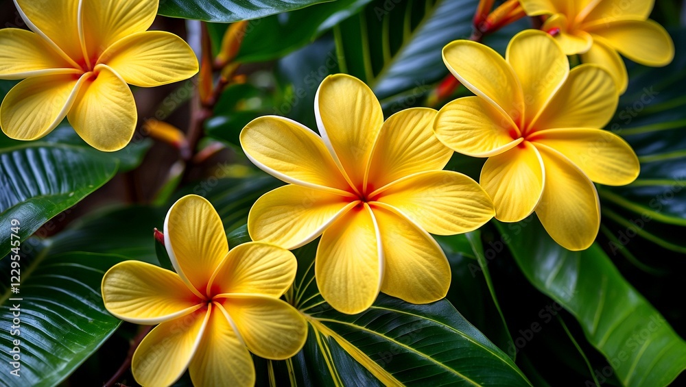 Fototapeta premium Vibrant yellow plumeria flowers against lush green leaves