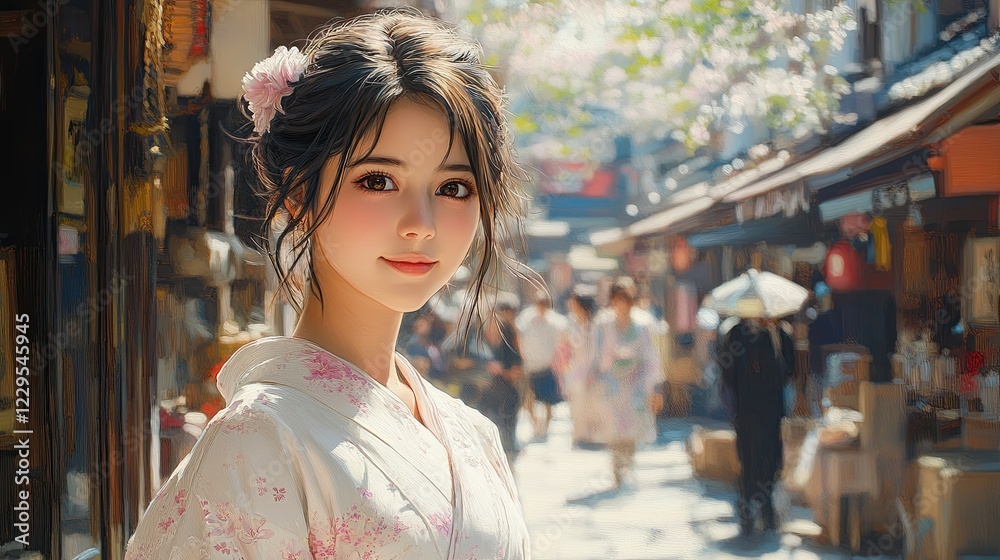 A young woman in a traditional Japanese kimono smiles warmly at the camera while strolling through a bustling city street. A young woman in a traditional Japanese kimono smiles warmly at the camera while strolling through a bustling city street.