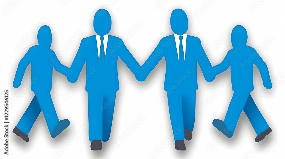 Four Blue Figures Holding Hands and Walking Forward in Unity and Teamwork Four Blue Figures Holding Hands and Walking Forward in Unity and Teamwork