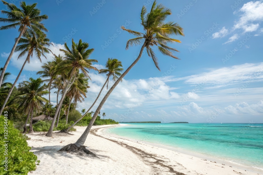 Palm trees stand tall on a tropical island beach with turquoise waters white sand and a relaxed atmosphere, beach foliage, turquoise water Palm trees stand tall on a tropical island beach with turquoise waters white sand and a relaxed atmosphere, beach foliage, turquoise water