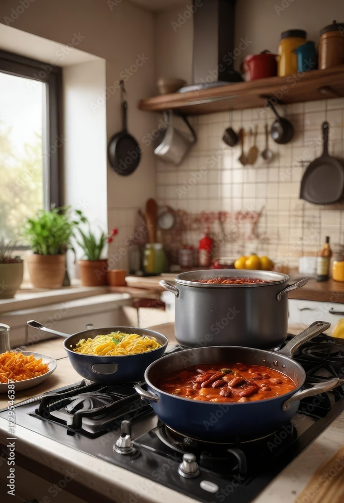 Panoramic view of a cozy kitchen with a pot of chili simmering on the stove, homemade meal, comfortable seating Panoramic view of a cozy kitchen with a pot of chili simmering on the stove, homemade meal, comfortable seating