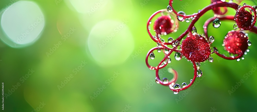 Dewdrops on red curled branch, bokeh background. Dewdrops on red curled branch, bokeh background.