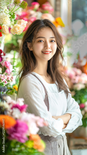 Young East Asian woman with long brown hair and bright smile stands confidently in flower shop, surrounded by vibrant assortment of colorful flowers. She wears white blouse and apron in workspace