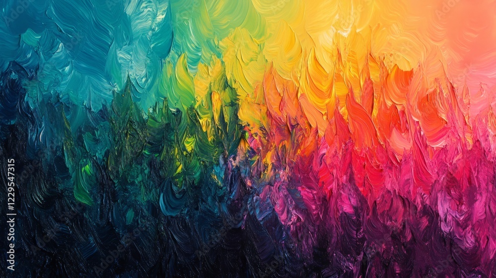 Fototapeta premium A painting of a rainbow with many colors. The colors are red, orange, yellow, green, blue, and purple