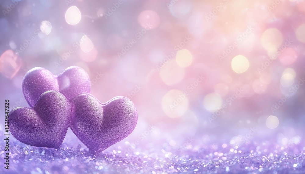 Fototapeta premium Two Purple Glitter Hearts on Sparkling Background Romantic Valentine's Day Design