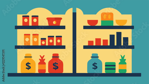 Two SidebySide Store Shelves One shelf stocked with goods at reasonable prices and the other with the same goods at exorbitant prices showcasing the stark contrast before and