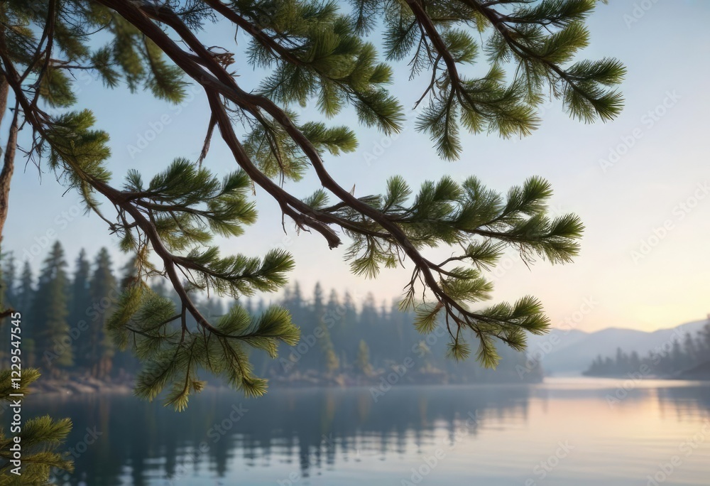 Pine tree branches swaying gently in the wind above the lake , branches, pine tree, serene landscape