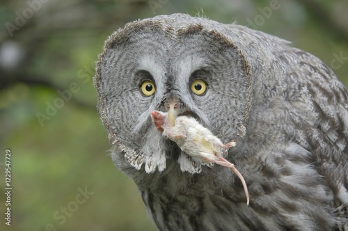 Great Grey Owl (Strix nebulosa) with prey photo