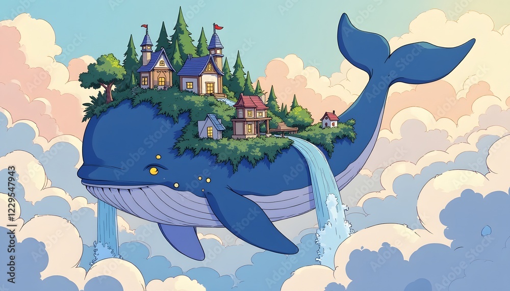 Fantasy Whale Island Village Scene sky Fantasy Whale Island Village Scene sky