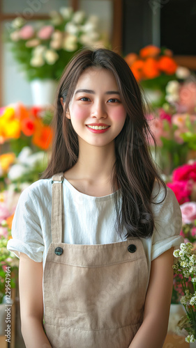Young East Asian woman with long, dark hair and bright smile stands in flower shop, wearing beige apron over white shirt. She is surrounded by colorful, vibrant flowers in background, floral setting