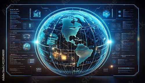 futuristic interface displaying a global data warehouse icon photo