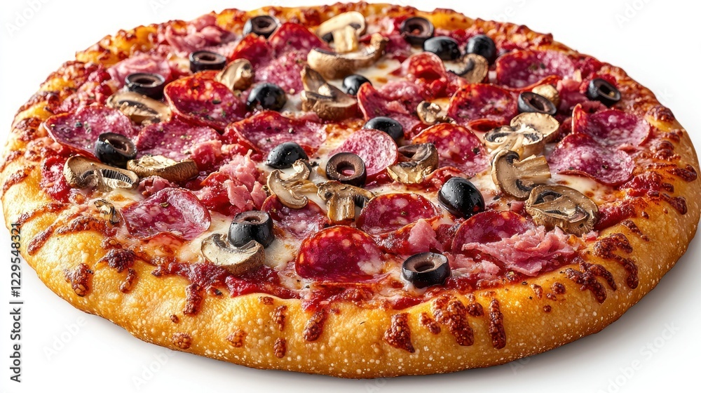 Meat-lover's pizza with mushrooms & olives on white Meat-lover's pizza with mushrooms & olives on white