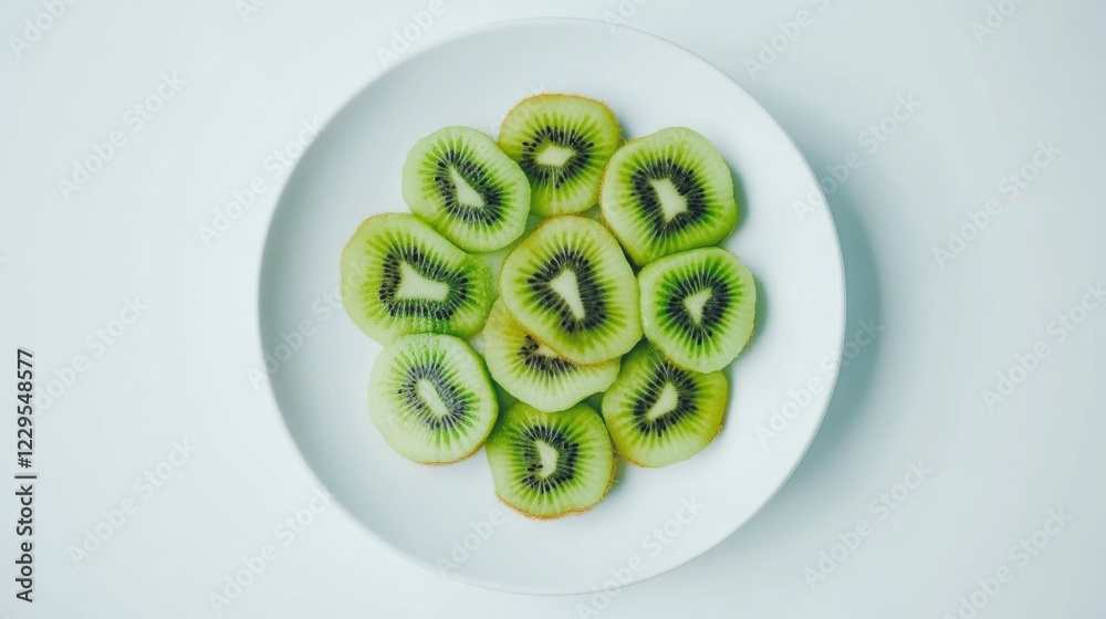 A minimalist plate of fresh kiwi slices, neatly arranged in a simple pattern on a plain white ceramic plate, Kiwi slices centered A minimalist plate of fresh kiwi slices, neatly arranged in a simple pattern on a plain white ceramic plate, Kiwi slices centered
