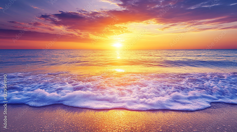 Fototapeta premium Beautiful Ocean Sunset Beach Waves Summer Golden Hour Peaceful Tropical Paradise Sea Sky Sand Calm