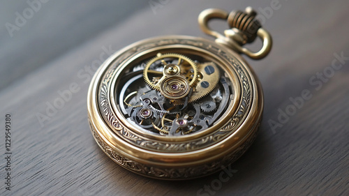 Antique pocket watch with intricate gears displayed on a wooden surface, showcasing craftsmanship and history