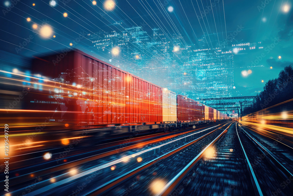 Fototapeta premium High-Speed Freight Train with Digital Overlay Representing Global Logistics and Smart Technology