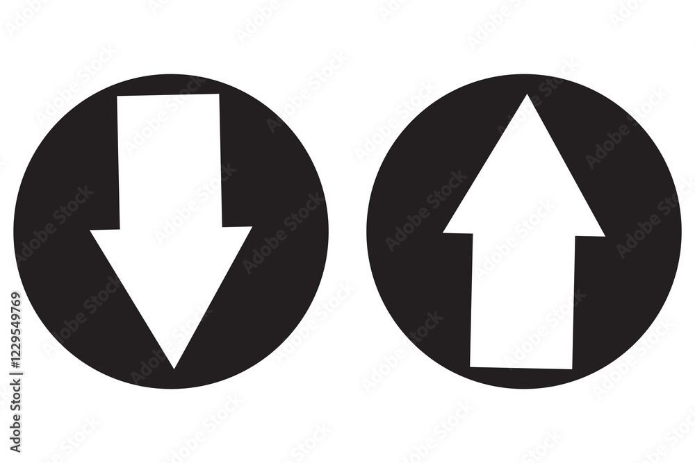 Up and down arrows. Upward, downward arrows in white, green, blue and red isolated, set of two. Vector illustration. EPS 10 Up and down arrows. Upward, downward arrows in white, green, blue and red isolated, set of two. Vector illustration. EPS 10