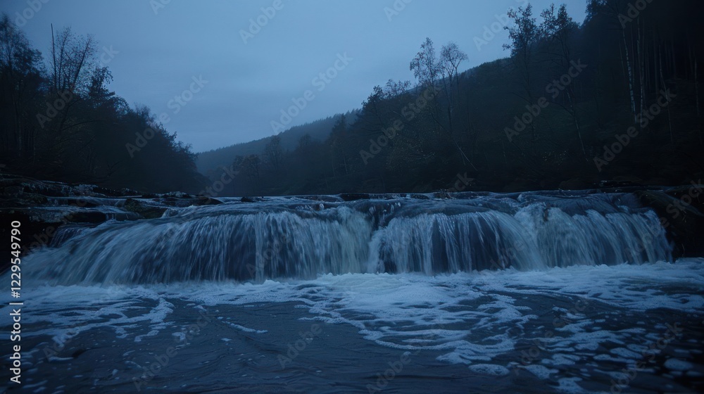 Fototapeta premium Serene twilight over a tranquil river with gentle waterfalls and misty mountains in the background