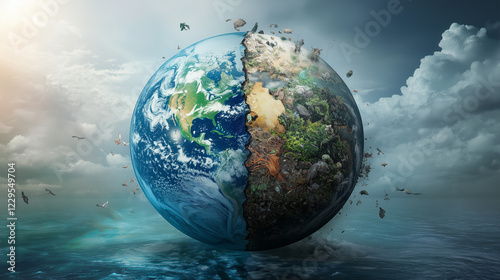 Planet earth with one half destroyed and one half preserved, earth day concept, environment preservation concept