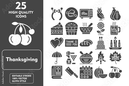 Thanksgiving glyph editable icon set. Containing headband, chicken leg, oven, owl, pear, piece of cake, muffin, punch bowl, sunflower and more. Vector illustration icons