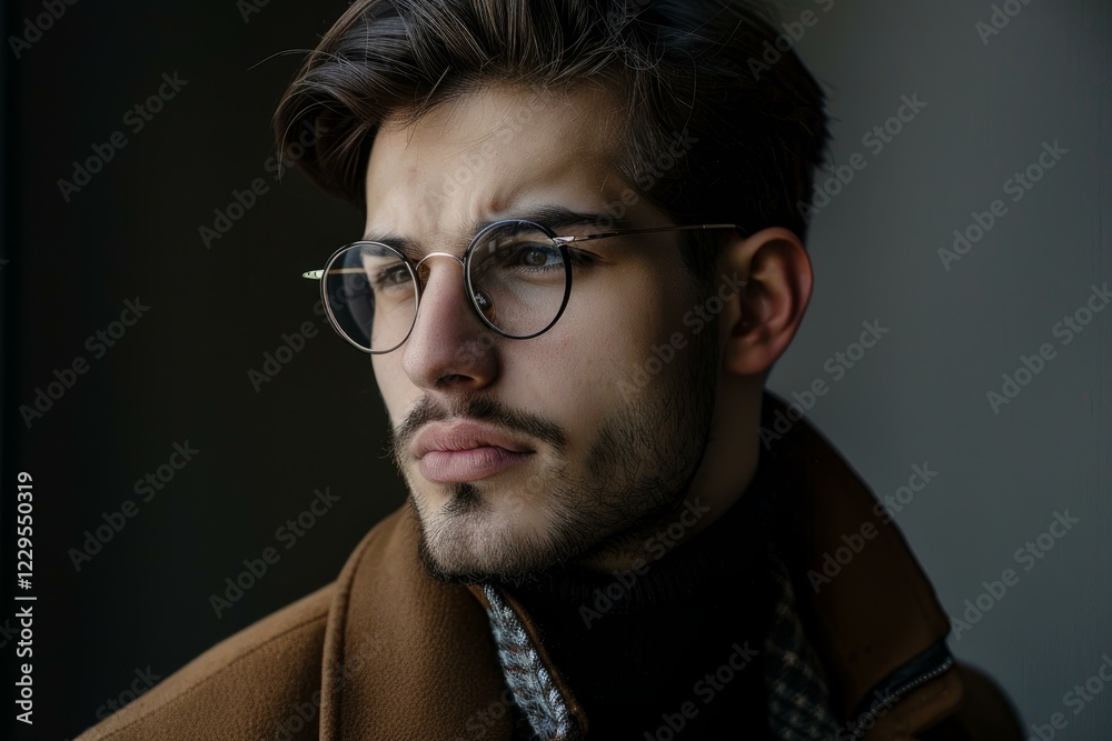 Obraz premium Portrait of a thoughtful young man wearing round eyeglasses and a brown jacket, looking away from the camera