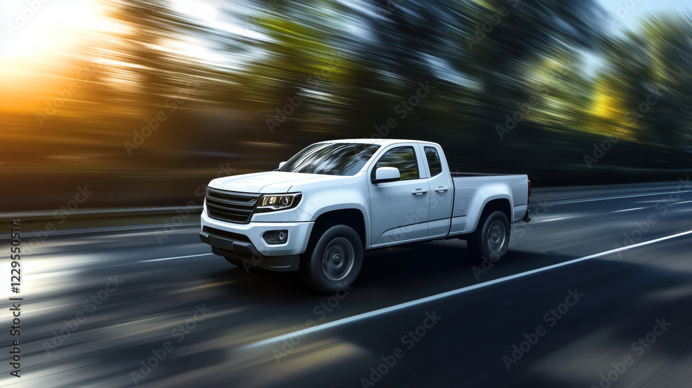 Modern white pickup truck car driving fast on highway Modern white pickup truck car driving fast on highway