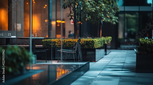 smoking area at the entrance of the upscale restaurant, elegant design with glass barriers, well-maintained plants and modern outdoor furniture, photo