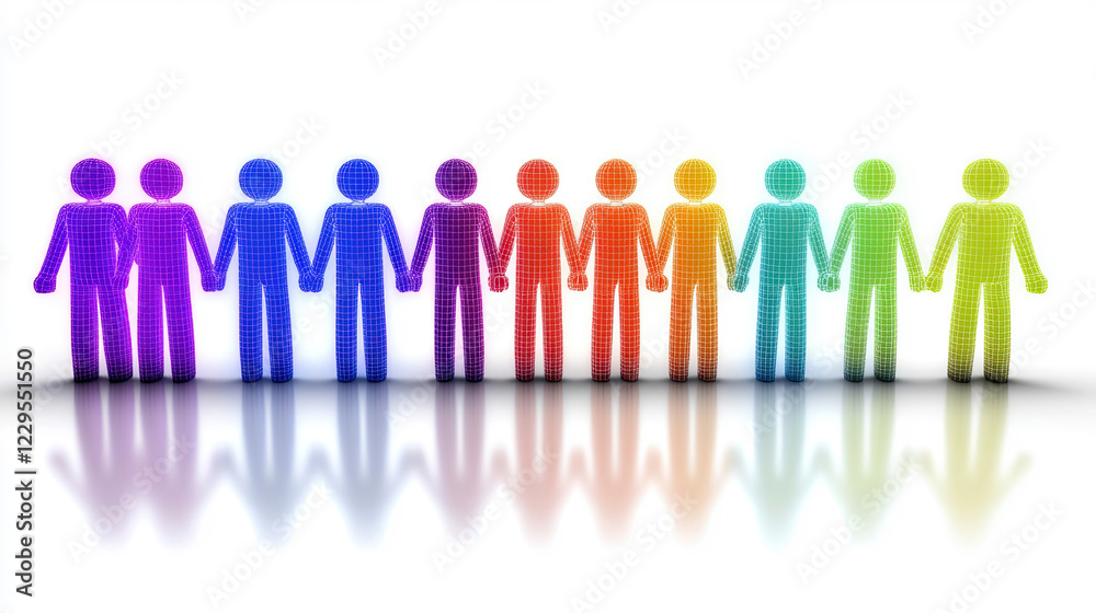Colorful Digital Representation of Connected Human Figures in a Horizontal Lineup Showcasing Diversity and Unity Colorful Digital Representation of Connected Human Figures in a Horizontal Lineup Showcasing Diversity and Unity