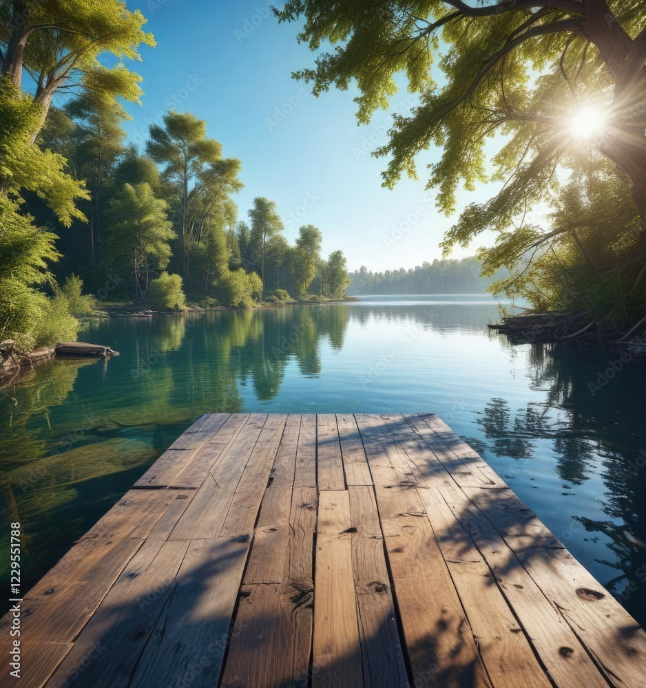 Rustic wooden pier jutting out into blue lake on sunny day with trees, water, tranquil, wood Rustic wooden pier jutting out into blue lake on sunny day with trees, water, tranquil, wood