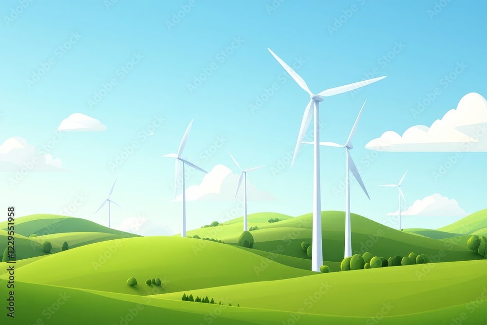 Obraz premium A serene landscape featuring green hills dotted with wind turbines under a clear blue sky, symbolizing renewable energy and sustainability.