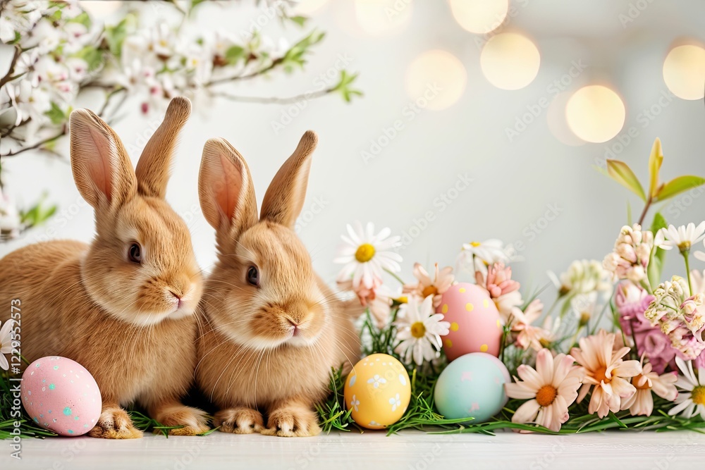 Easter Tree Adorned With Vibrant Eggs and Playful Bunnies Enjoying Blooming Flowers Under Soft Spring Light Easter Tree Adorned With Vibrant Eggs and Playful Bunnies Enjoying Blooming Flowers Under Soft Spring Light