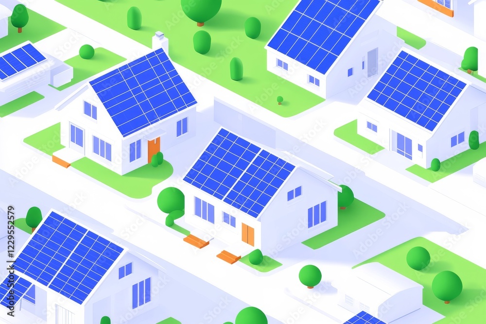 A colorful illustration of houses with solar panels on rooftops, surrounded by greenery and pathways, representing sustainable living. A colorful illustration of houses with solar panels on rooftops, surrounded by greenery and pathways, representing sustainable living.