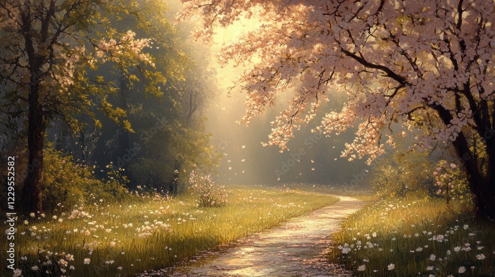 Obraz premium spring tranquility, cherry branches in bloom, bathed in sunlight, awaken the dewy grass with a gentle spring breezea serene call to nature