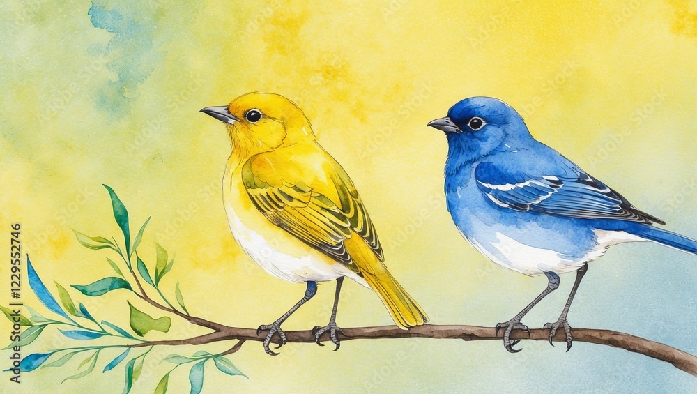 Obraz premium Watercolor Painting of Yellow and Blue Birds Sitting on a Branch with Bright Background
