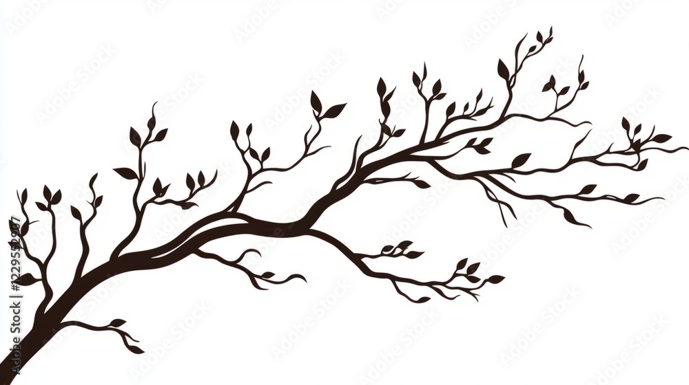 Fototapeta premium Minimalistic silhouette of a tree branch with leaves, perfect for nature-themed designs and backgrounds.