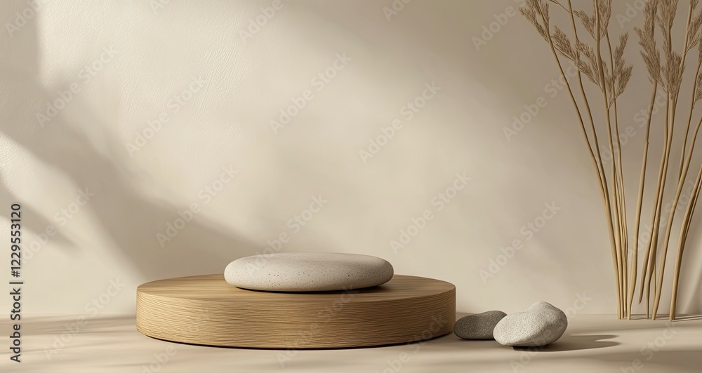 Minimalistic background for product presentation: a beige wooden podium with stones and wood branches on a brown backdrop. Minimalistic background for product presentation: a beige wooden podium with stones and wood branches on a brown backdrop.