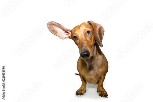 Portrait  brown dachshund puppy dog listening with big ear sitting and tilting head side. Isolated on white background