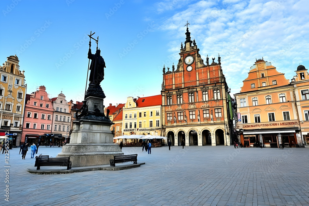 Fototapeta premium Historic Town Square Showcases Statue, Clock Tower, and Colorful Buildings Under Blue Sky