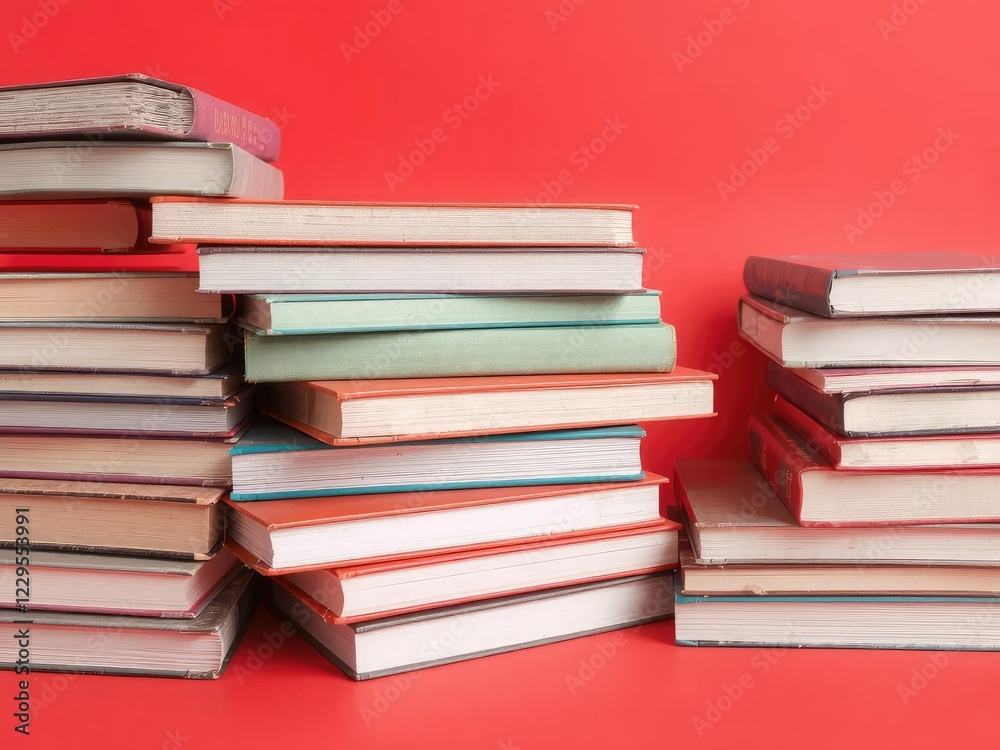 Several books stacked neatly on a bright red background, pile, school, fiction